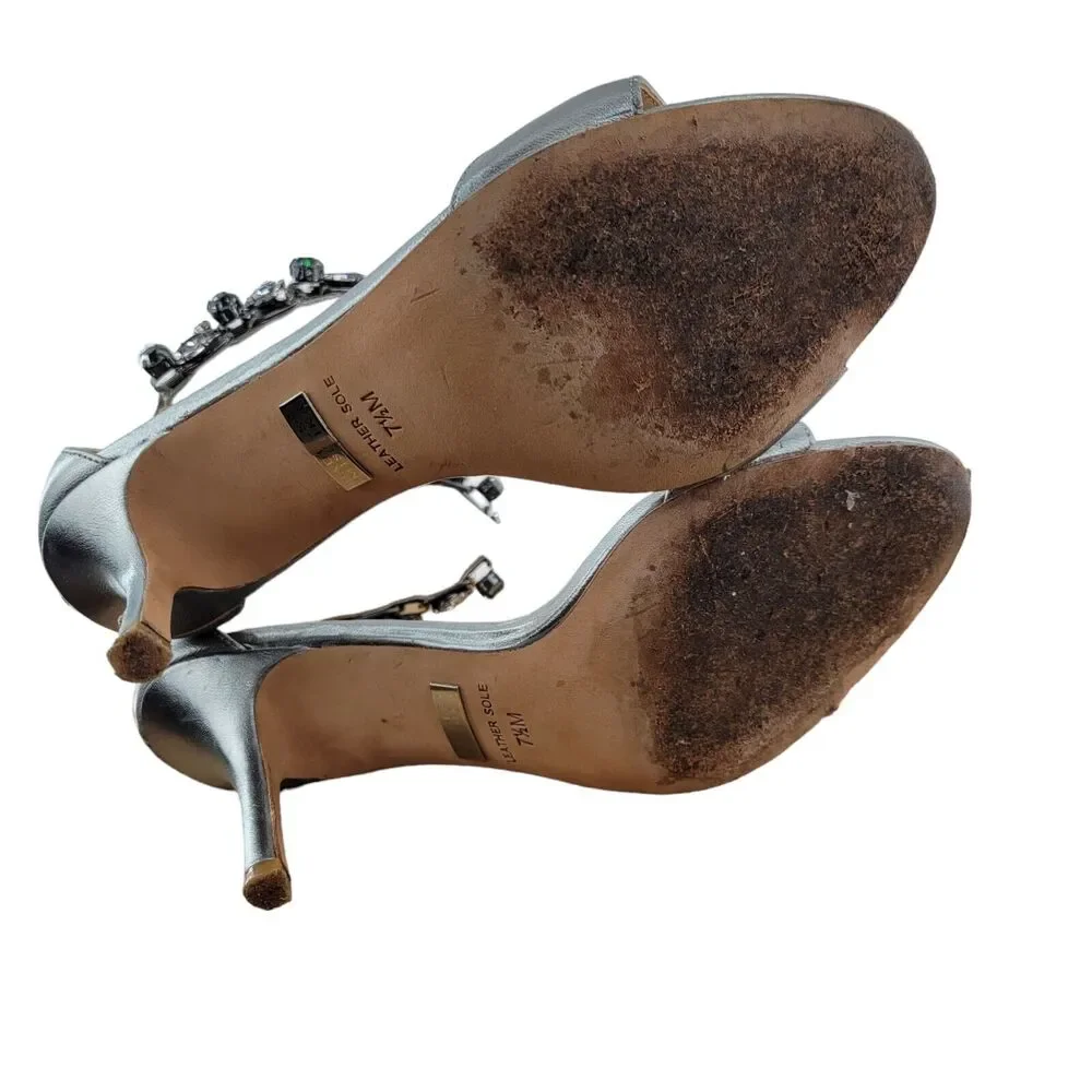 Badgley Mischka Klark Embellished Heels Silver Leather‎ Women's Size 7.5